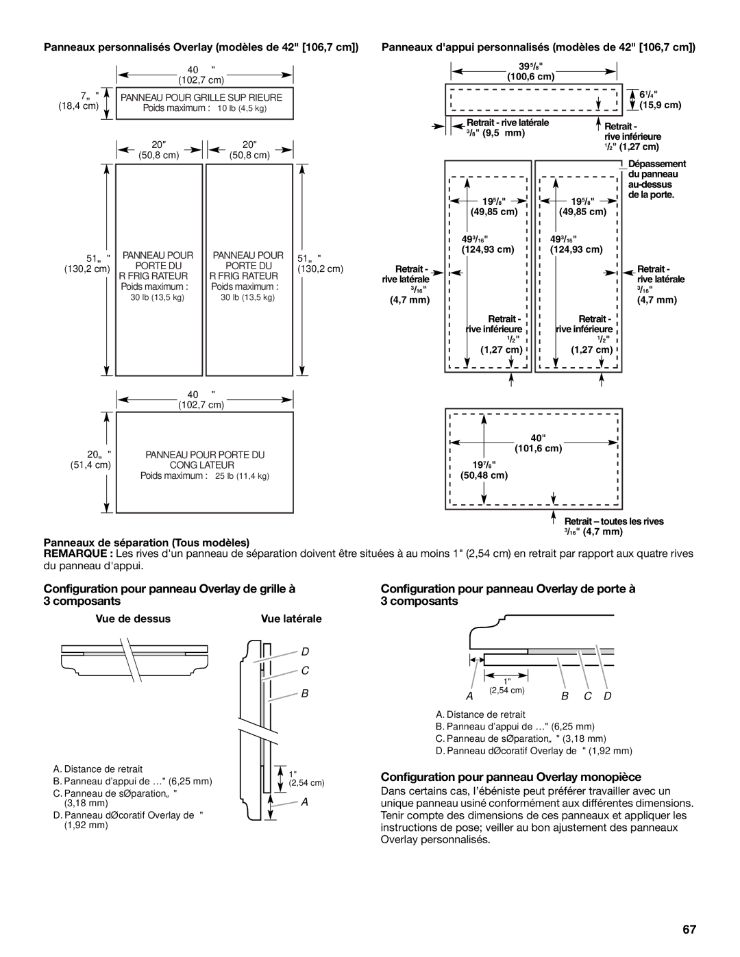 KitchenAid 2320680B manual Configuration pour panneau Overlay monopièce, Panneaux de séparation Tous modèles, Vue de dessus 