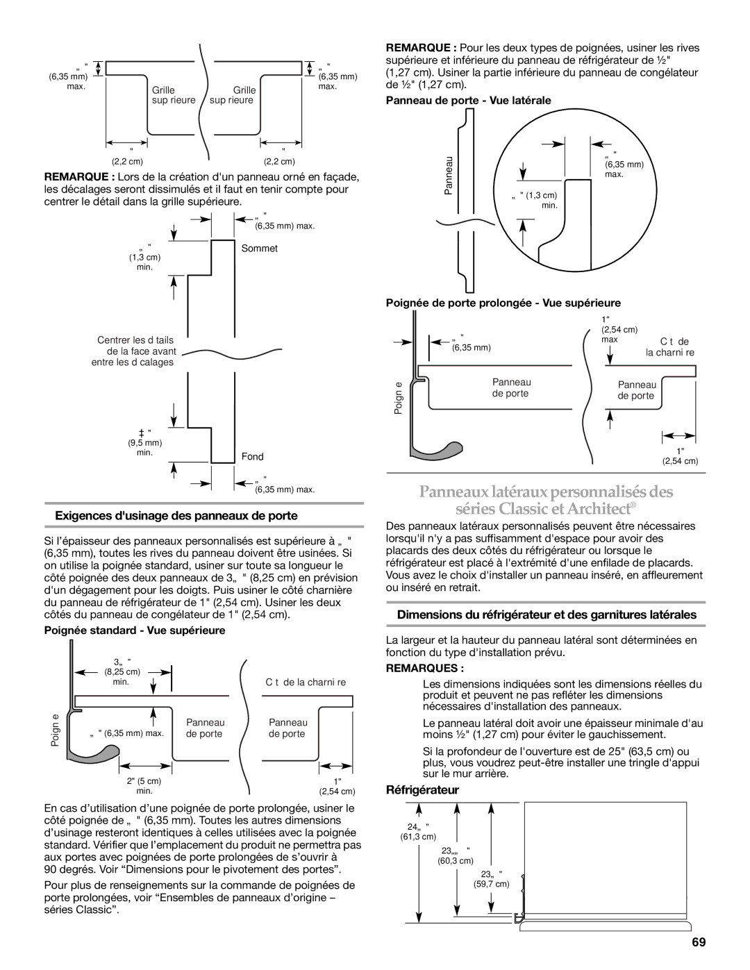 KitchenAid 2320680B manual Exigences dusinage des panneaux de porte, Poignée standard Vue supérieure 