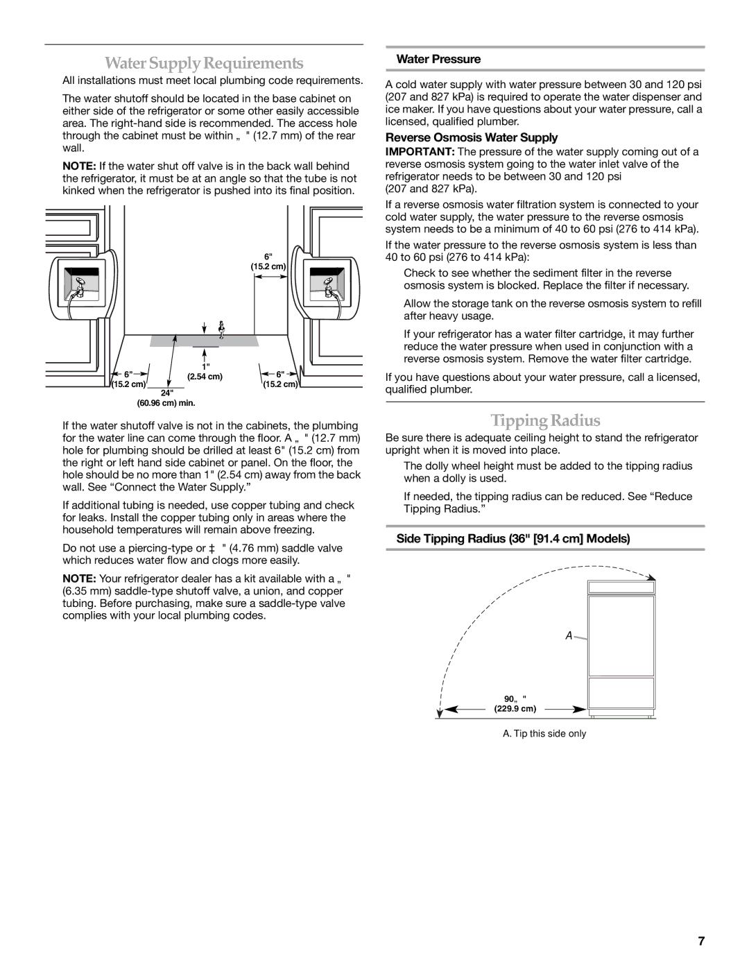 KitchenAid 2320680B manual Water Supply Requirements, Tipping Radius, Water Pressure, Reverse Osmosis Water Supply 