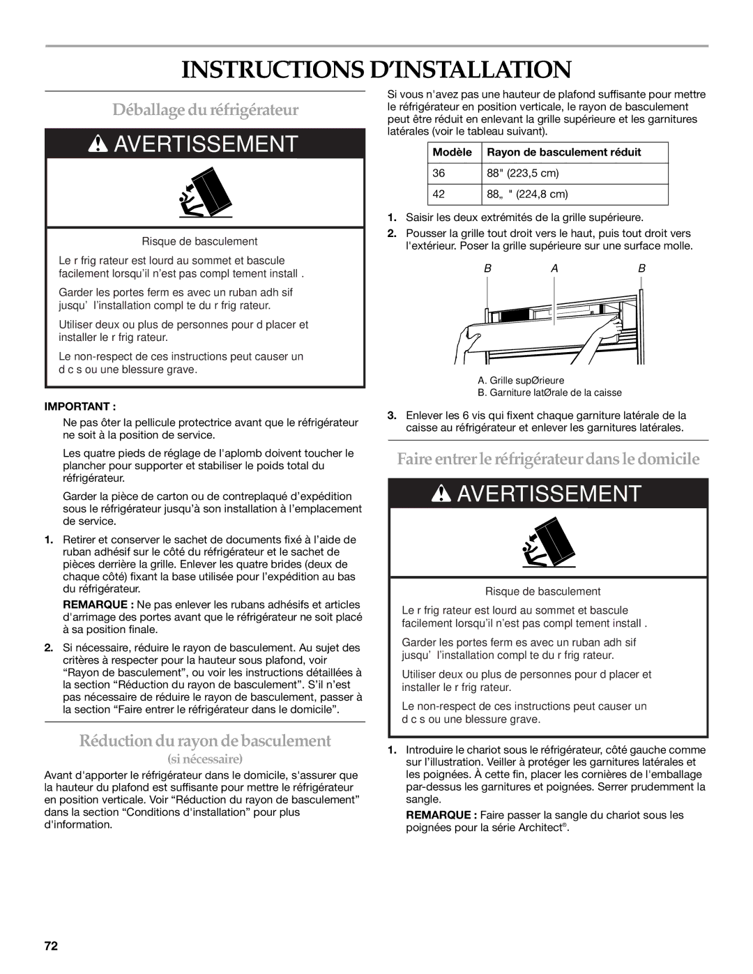 KitchenAid 2320680B manual Instructions D’INSTALLATION, Déballage du réfrigérateur, Réduction du rayon de basculement 