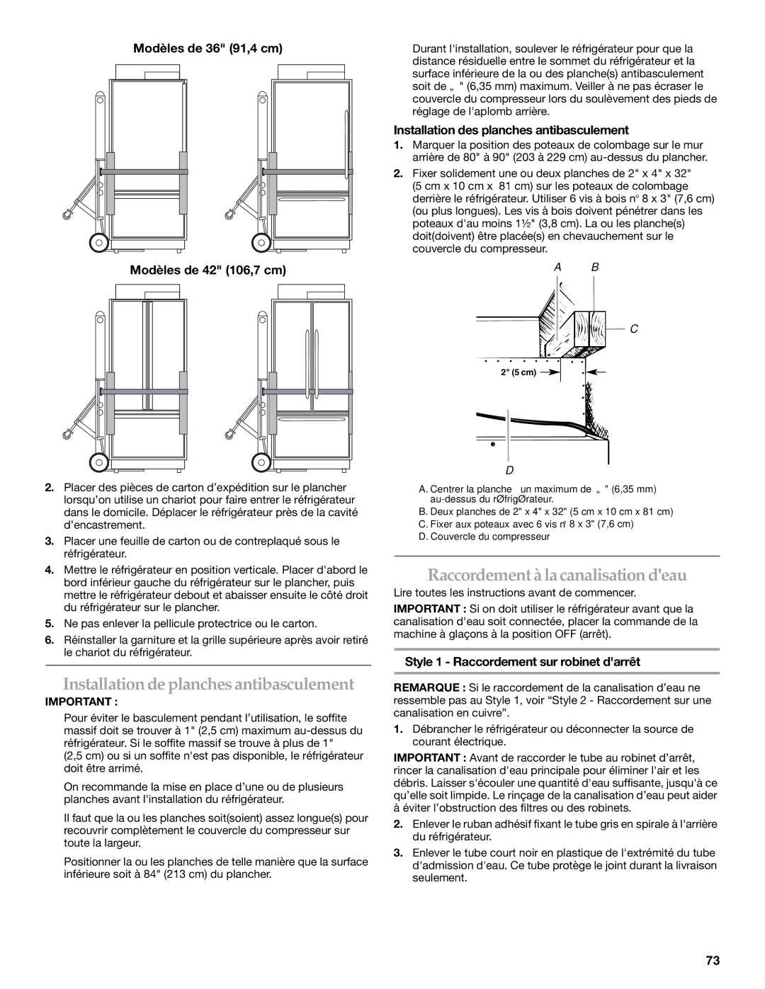 KitchenAid 2320680B manual Installation de planches antibasculement, Raccordement à la canalisation deau 