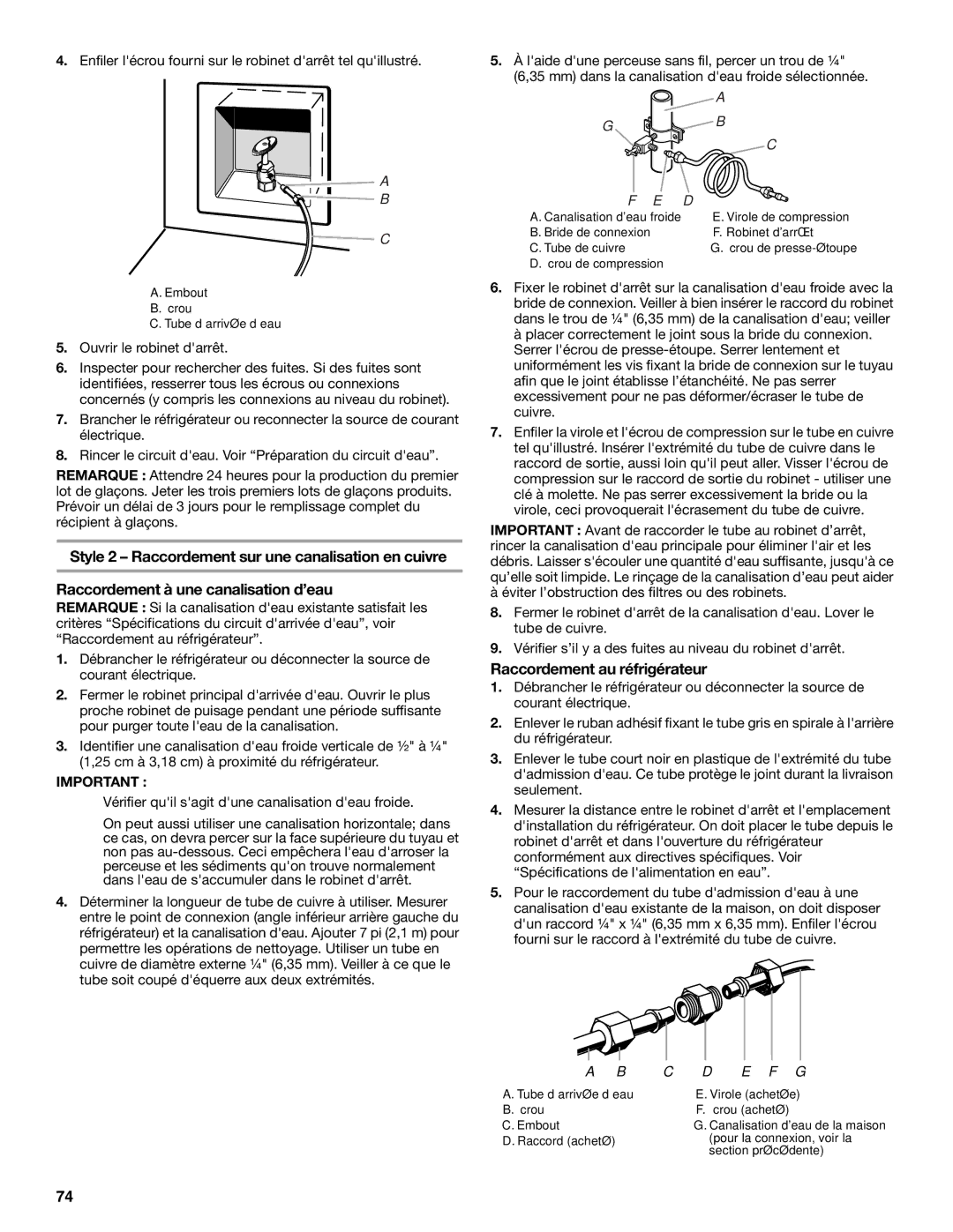 KitchenAid 2320680B manual Raccordement au réfrigérateur, Enfiler lécrou fourni sur le robinet darrêt tel quillustré 