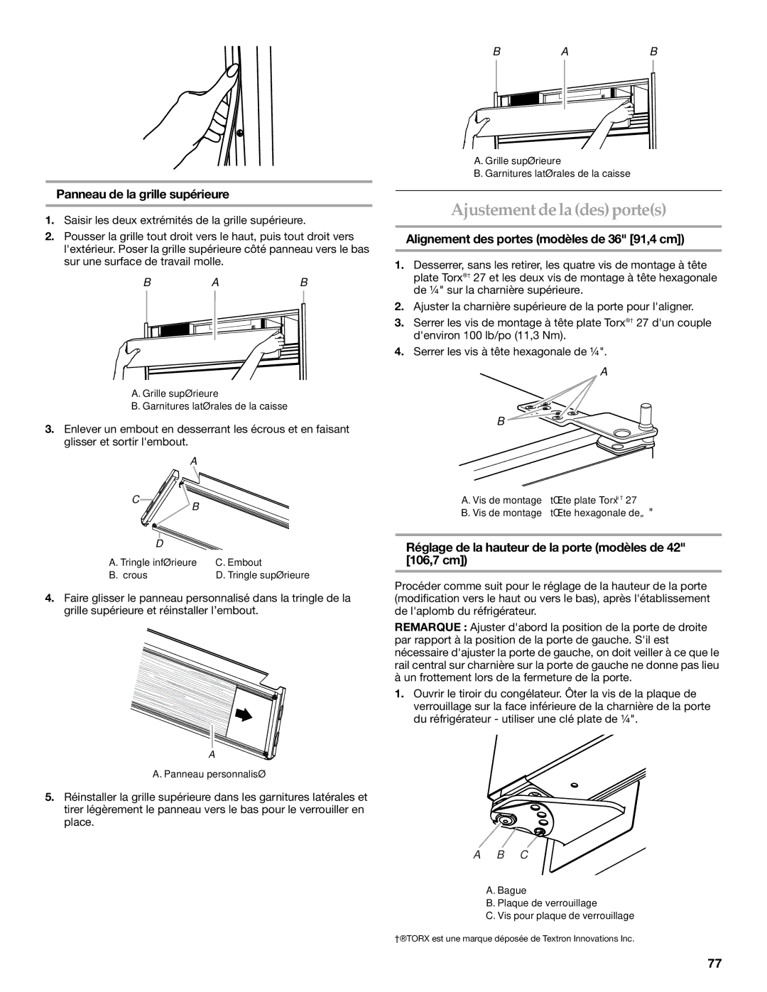 KitchenAid 2320680B manual Ajustement de la des portes, Alignement des portes modèles de 36 91,4 cm 