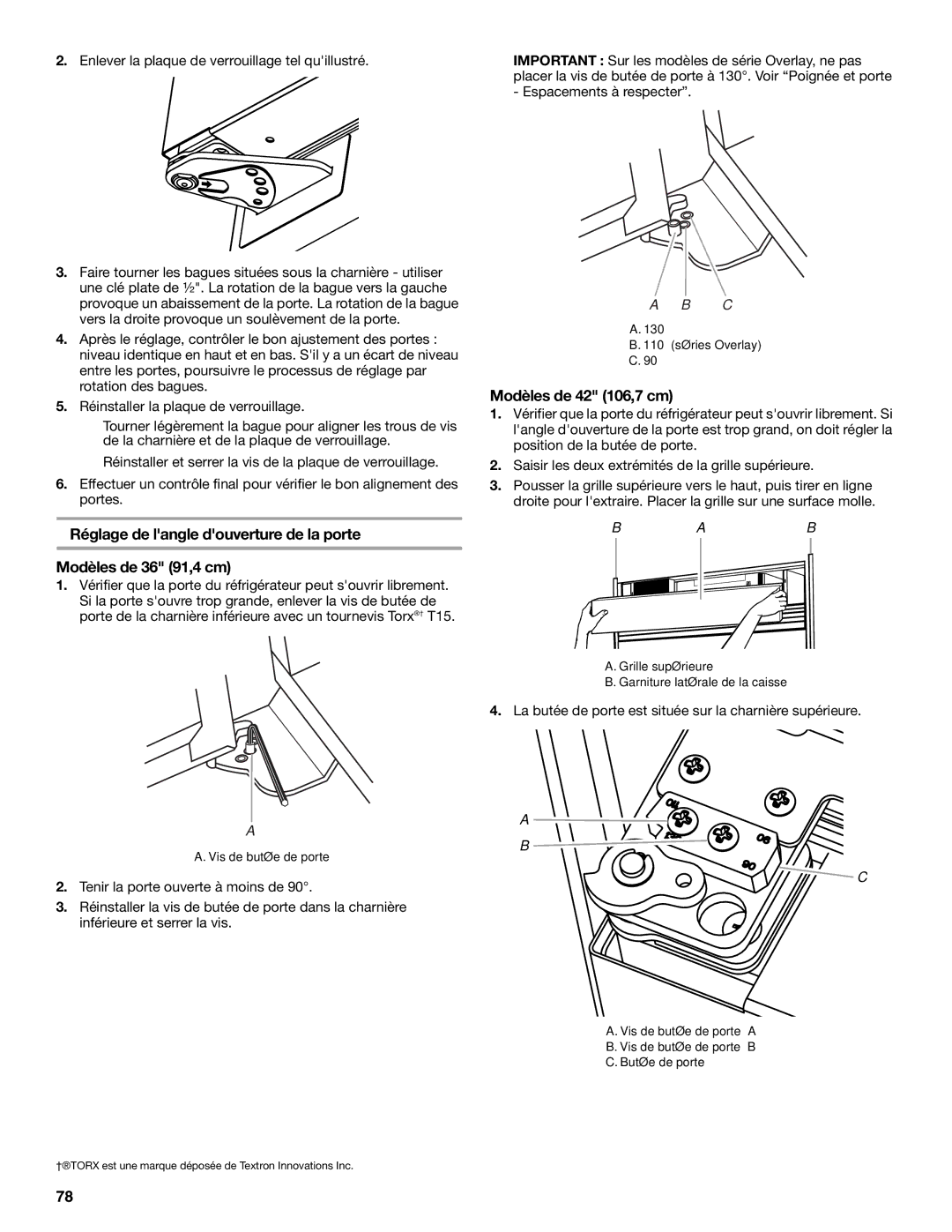 KitchenAid 2320680B manual Modèles de 42 106,7 cm, La butée de porte est située sur la charnière supérieure 