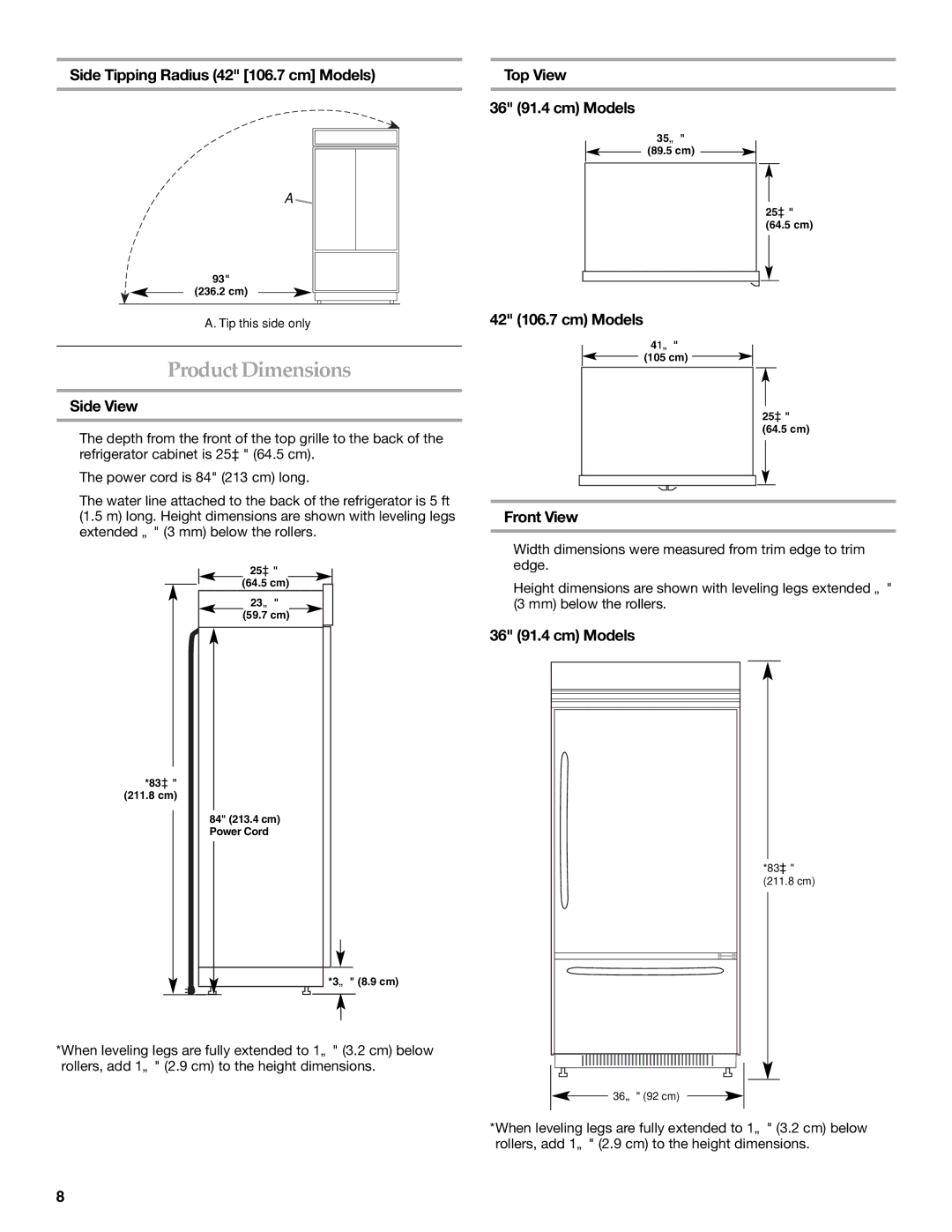 KitchenAid 2320680B manual Product Dimensions, Side View, 42 106.7 cm Models, Front View 