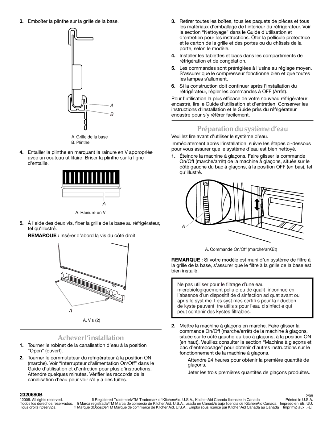 KitchenAid 2320680B Préparation du système d’eau, Achever l’installation, Veuillez lire avant d’utiliser le système d’eau 