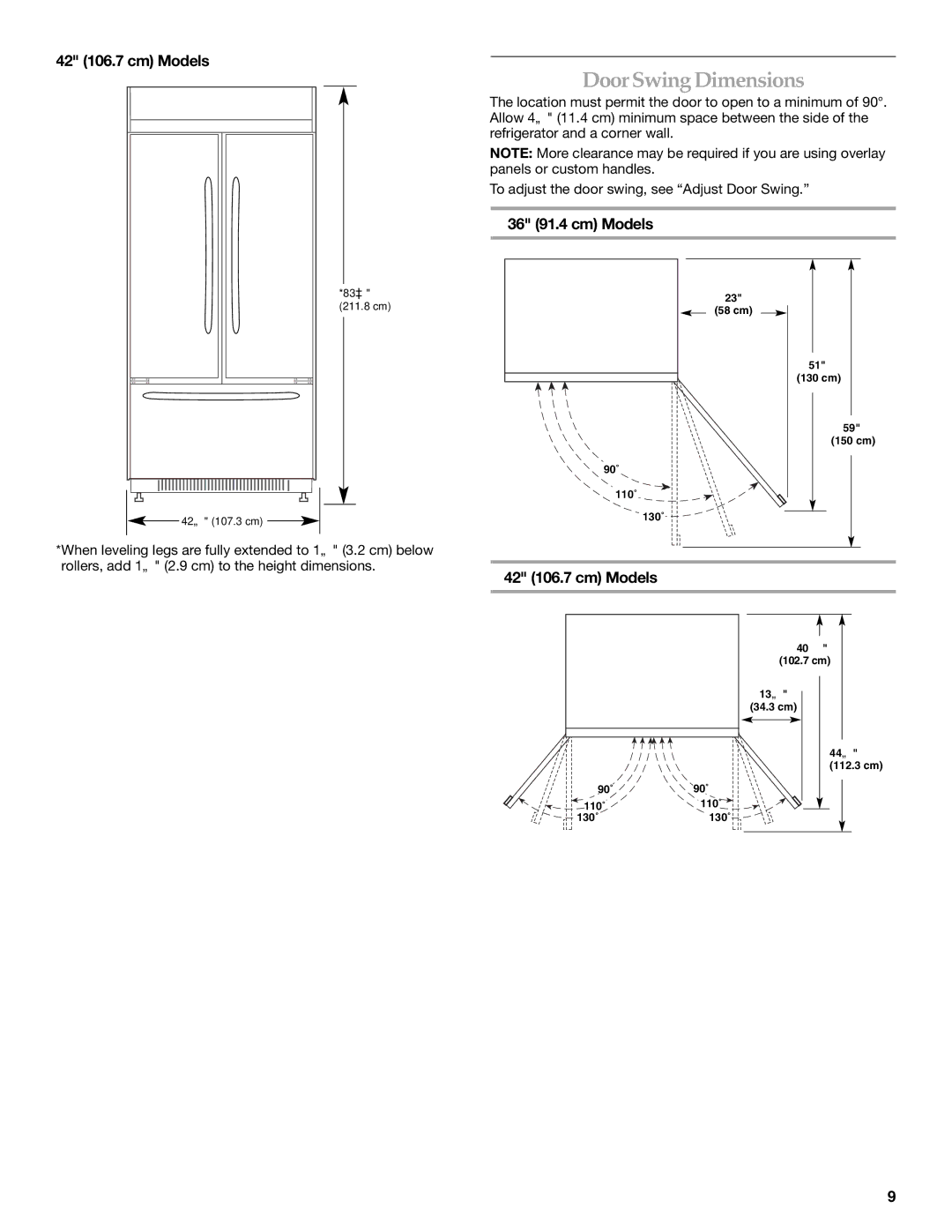 KitchenAid 2320680B manual Door Swing Dimensions 