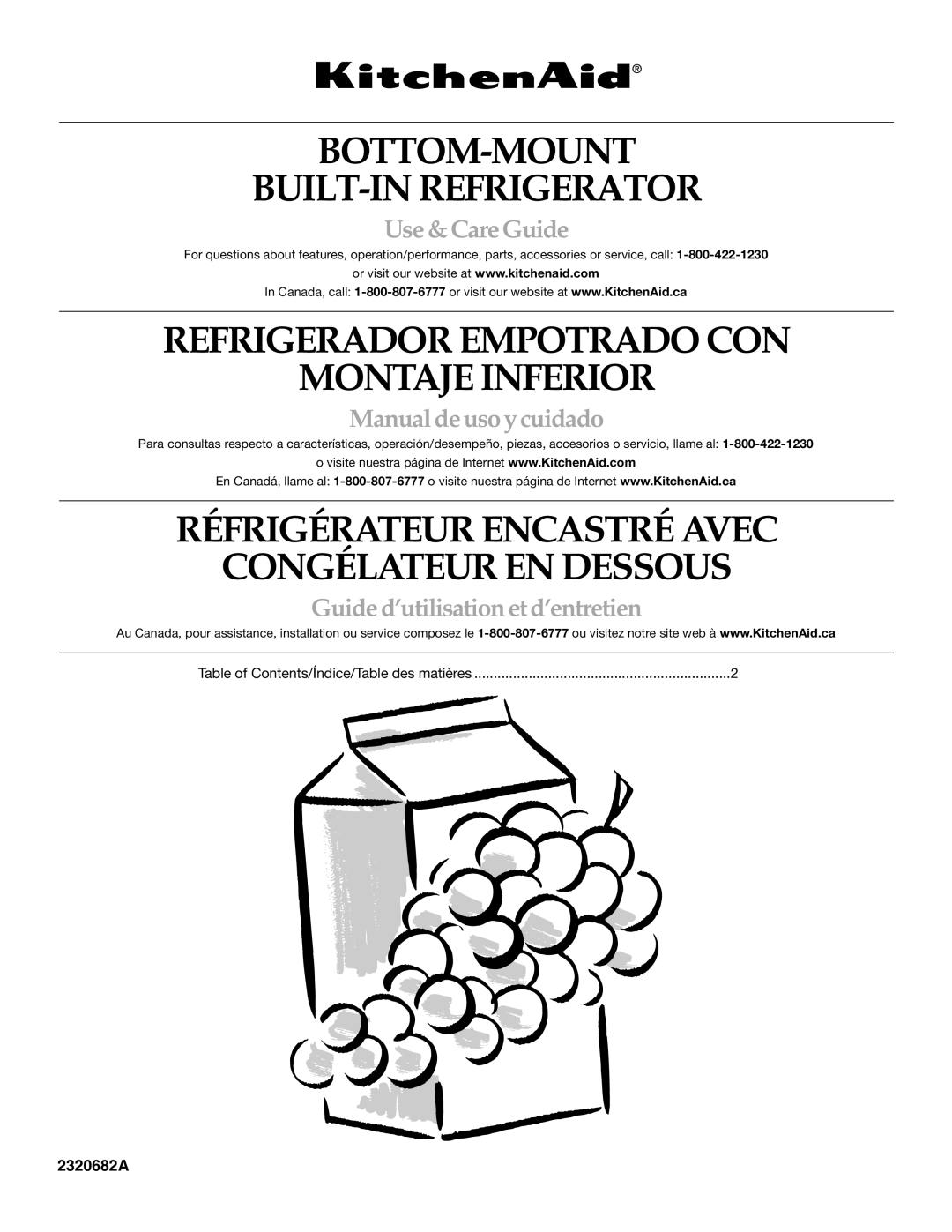 KitchenAid 2320682A manual BOTTOM-MOUNT BUILT-IN Refrigerator 