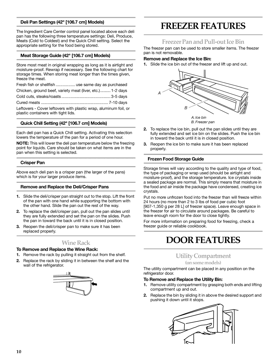 KitchenAid 2320682A manual Freezer Features, Door Features, Wine Rack, FreezerPan and Pull-out Ice Bin, Utility Compartment 