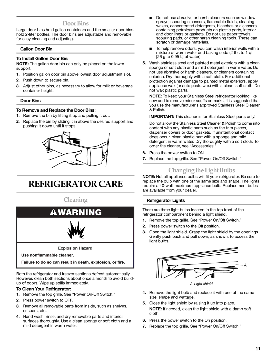 KitchenAid 2320682A manual Refrigerator Care, Door Bins, Cleaning, Changing the Light Bulbs 