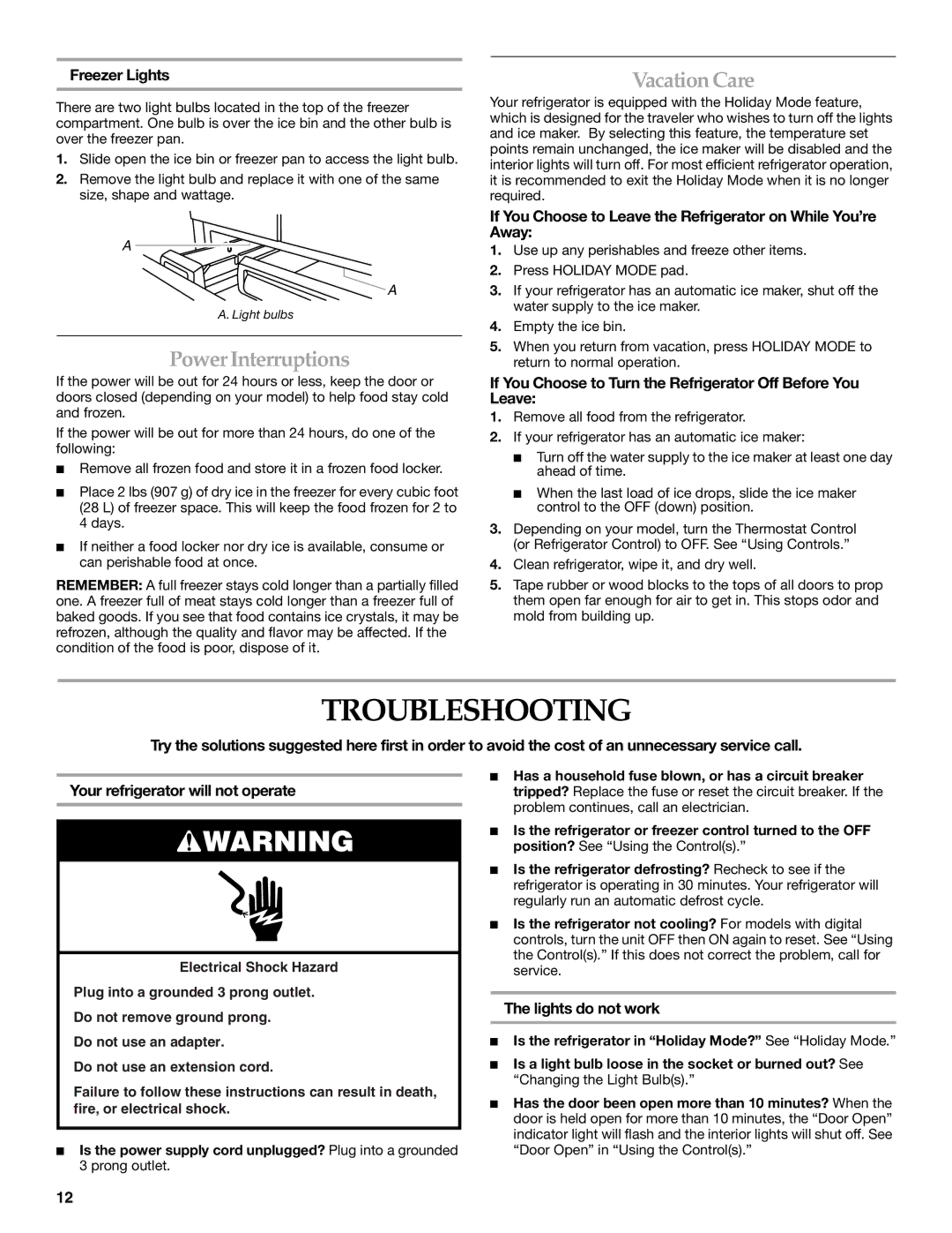 KitchenAid 2320682A manual Troubleshooting, PowerInterruptions, Vacation Care 