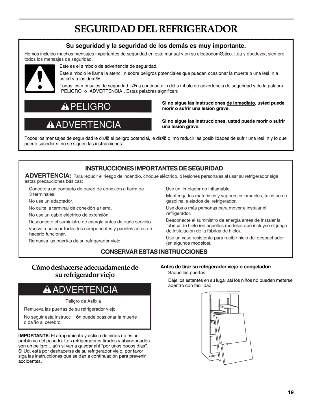 KitchenAid 2320682A manual Seguridad DEL Refrigerador, Antes de tirar su refrigerador viejo o congelador 