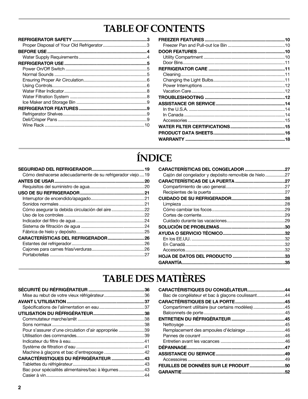 KitchenAid 2320682A manual Table of Contents, Índice, Table DES Matières 