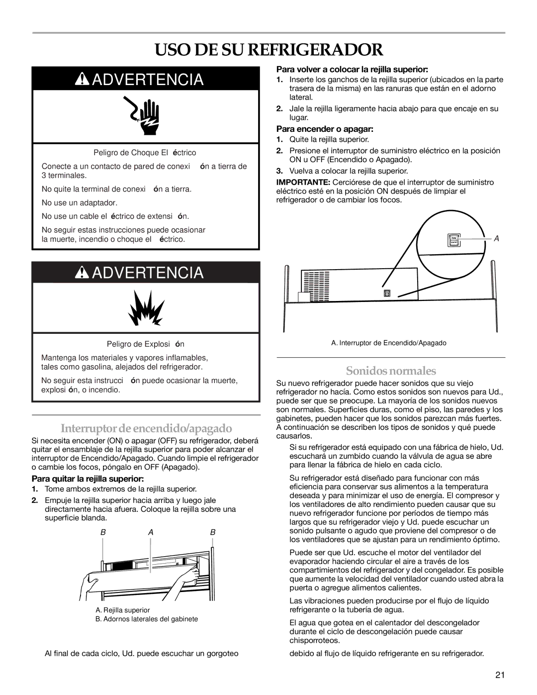 KitchenAid 2320682A manual USO DE SU Refrigerador, Interruptor de encendido/apagado, Sonidosnormales 