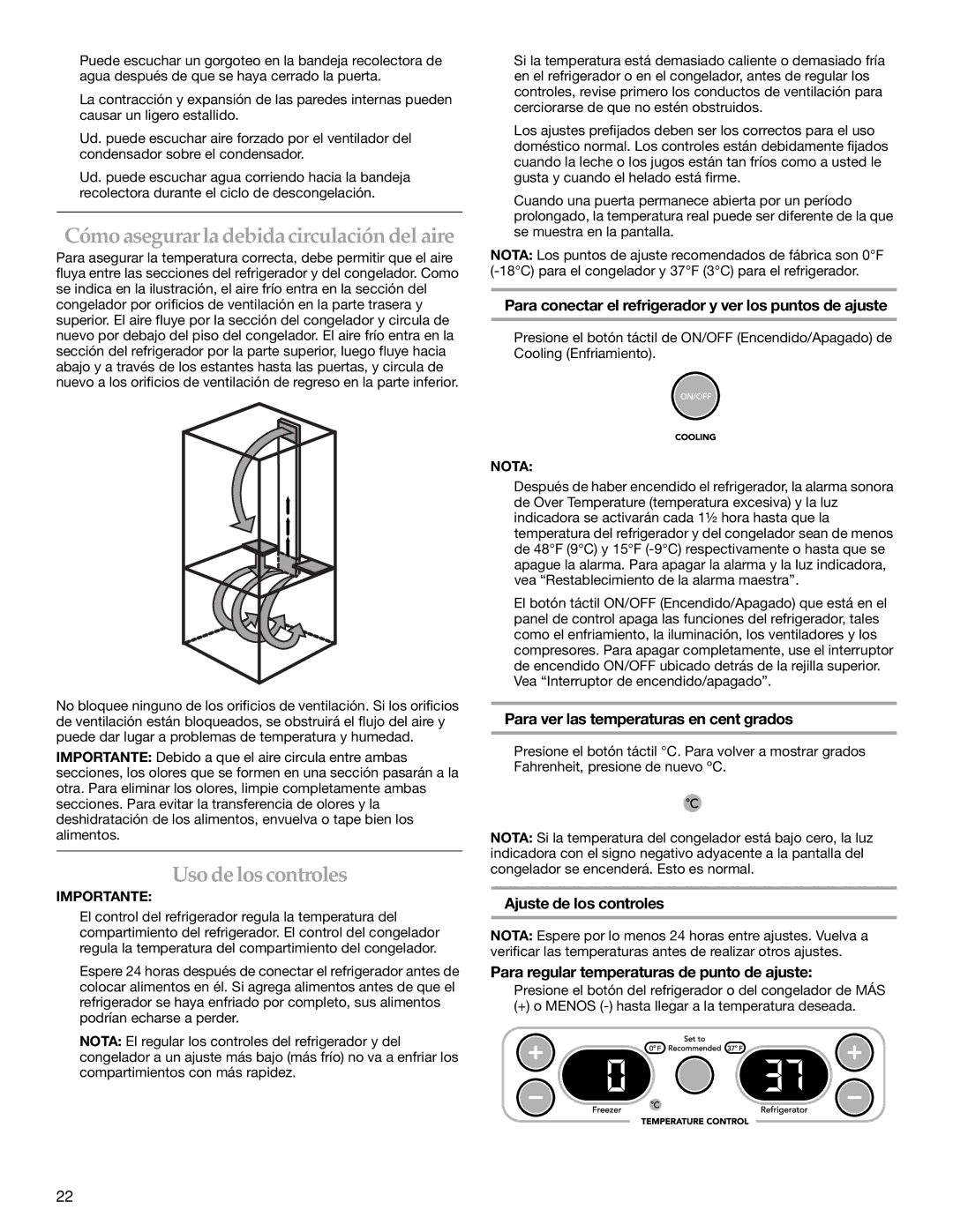 KitchenAid 2320682A Usode loscontroles, Para conectar el refrigerador y ver los puntos de ajuste, Ajuste de los controles 