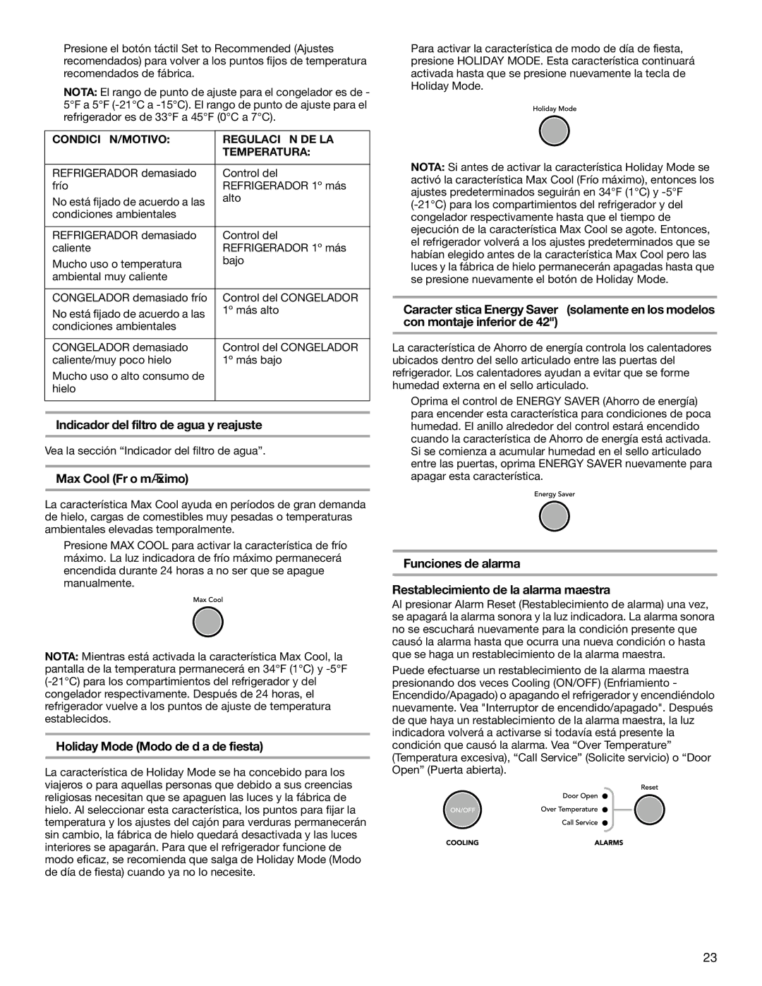 KitchenAid 2320682A Indicador del filtro de agua y reajuste, Max Cool Frío máximo, Holiday Mode Modo de día de fiesta 