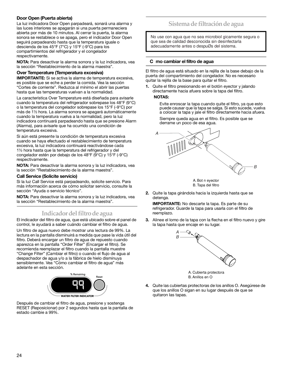 KitchenAid 2320682A manual Indicador delfiltrode agua, Sistema de filtración de agua 