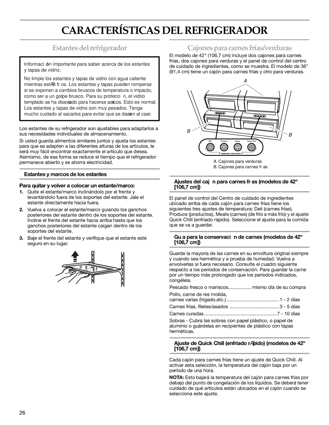 KitchenAid 2320682A manual Características DEL Refrigerador, Estantes del refrigerador, Cajonespara carnes frías/verduras 