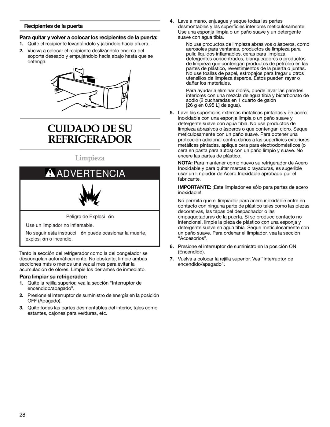 KitchenAid 2320682A manual Cuidado DE SU Refrigerador, Limpieza, Para limpiar su refrigerador 