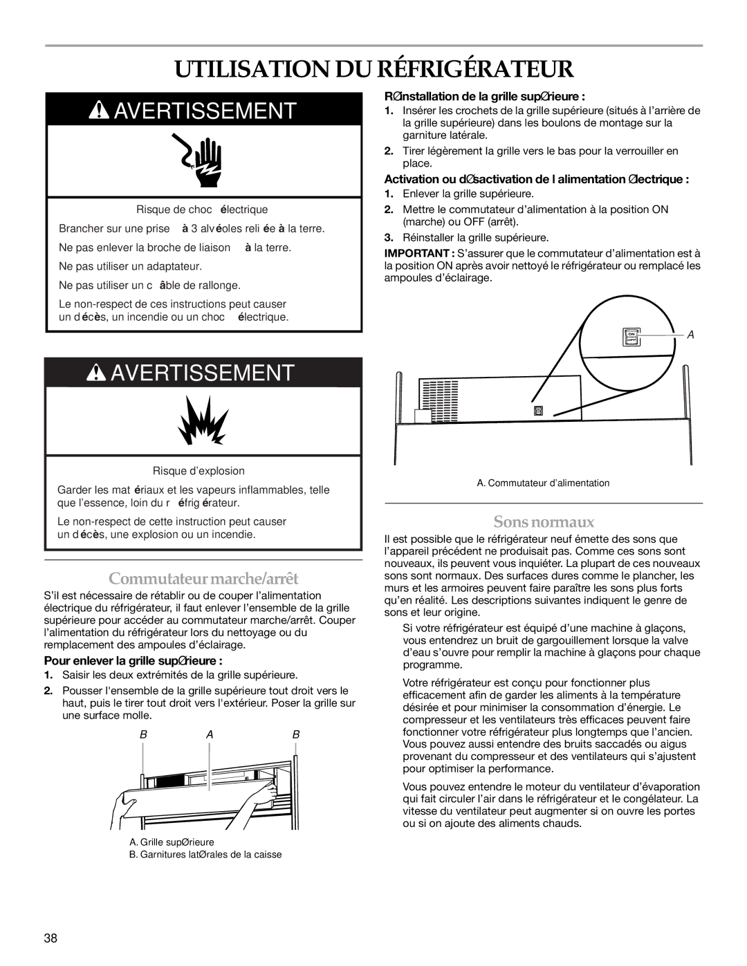 KitchenAid 2320682A manual Utilisation DU Réfrigérateur, Commutateur marche/arrêt, Sons normaux 