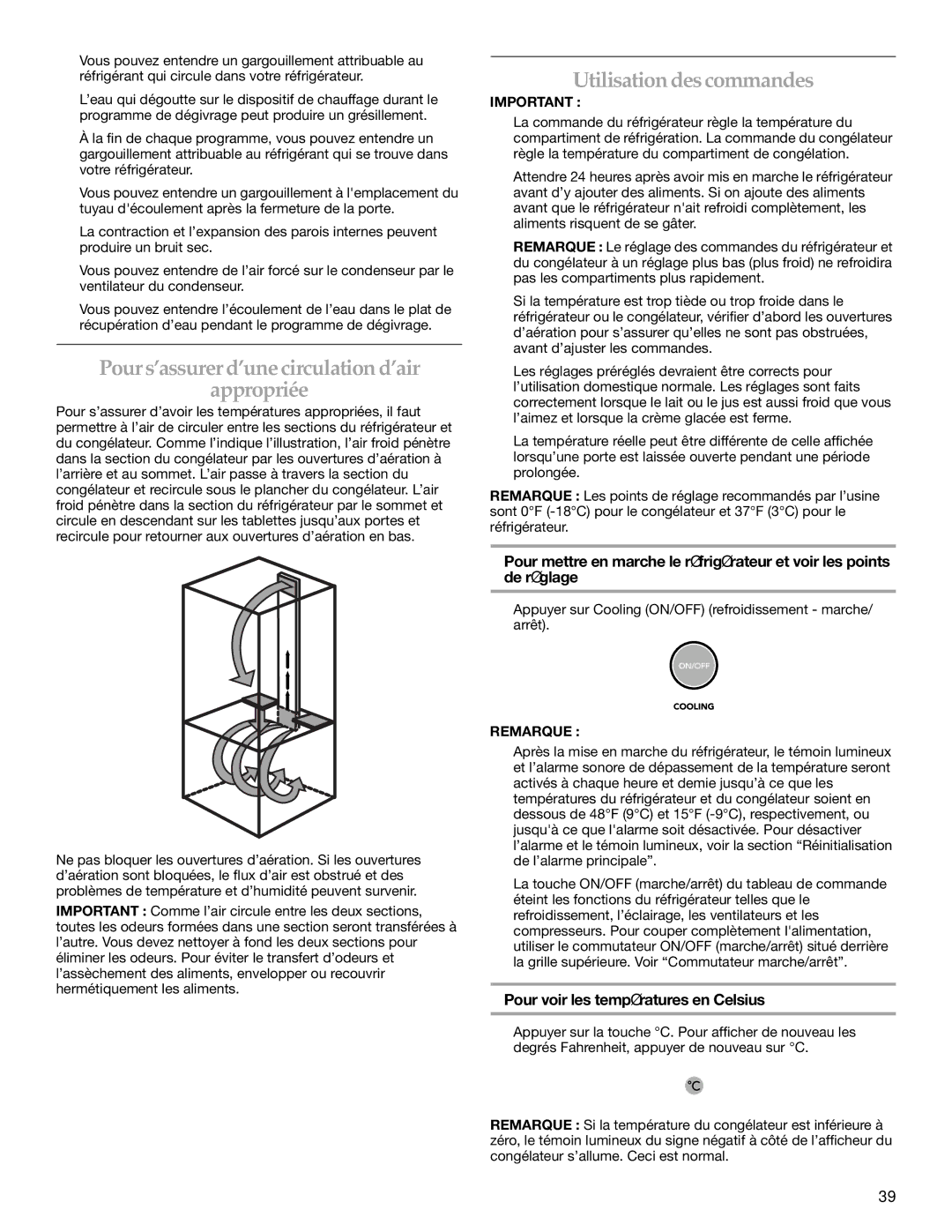 KitchenAid 2320682A manual Pour s’assurer d’une circulation d’air Appropriée, Utilisation des commandes, Remarque 