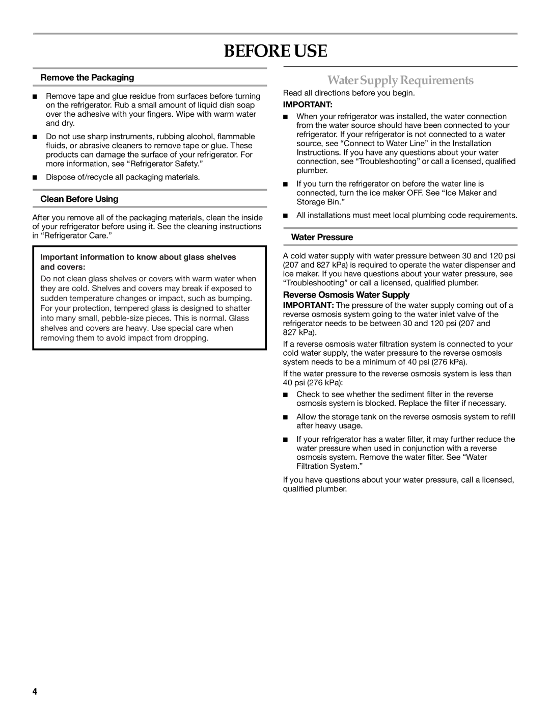 KitchenAid 2320682A manual Before USE, Water Supply Requirements 