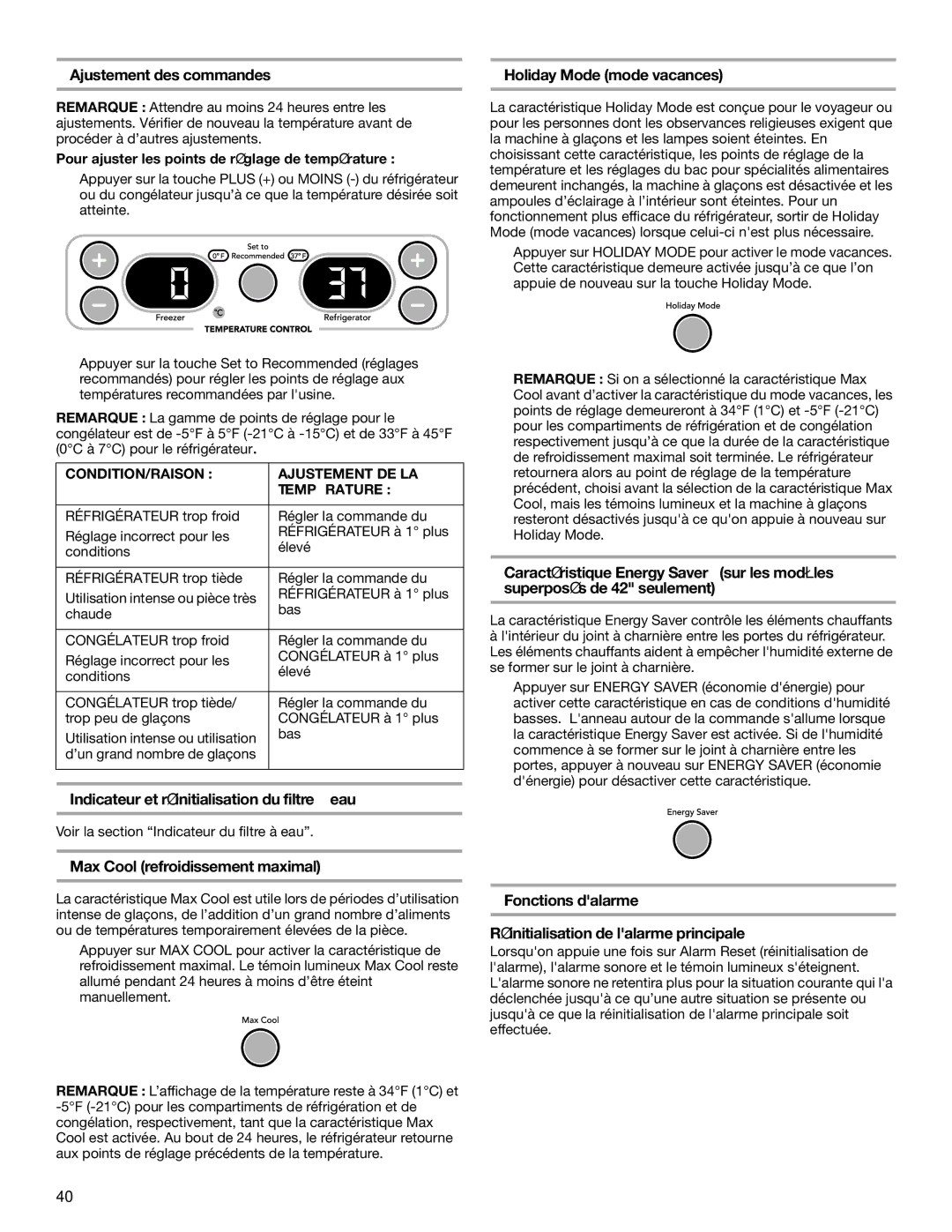 KitchenAid 2320682A Ajustement des commandes, Holiday Mode mode vacances, Indicateur et réinitialisation du filtre à eau 