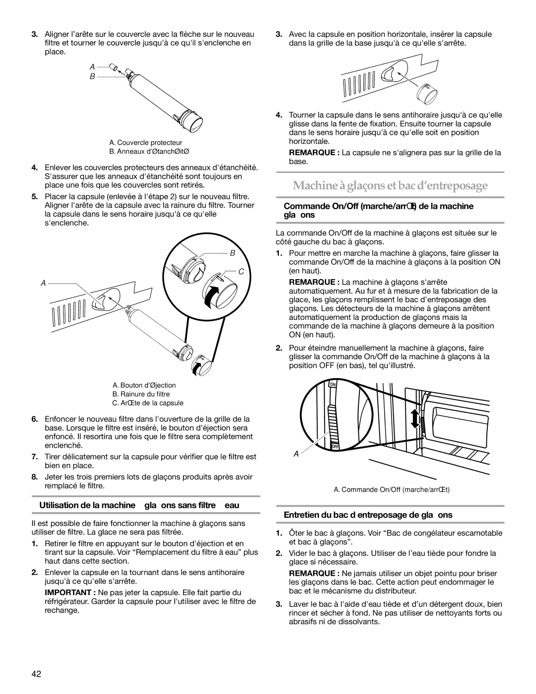 KitchenAid 2320682A manual Machineàglaçons et bacd’entreposage, Utilisation de la machine à glaçons sans filtre à eau 