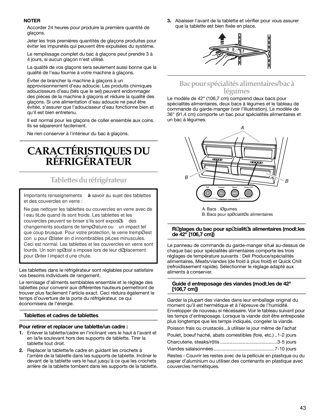 KitchenAid 2320682A manual Caractéristiques DU Réfrigérateur, Bacpour spécialitésalimentaires/bacà Légumes 