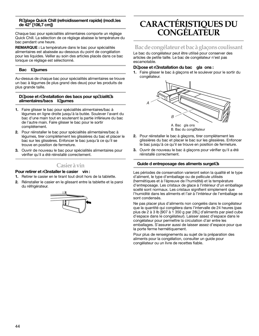 KitchenAid 2320682A manual Caractéristiques DU Congélateur, Bacde congélateuretbac à glaçonscoulissant, Casieràvin 