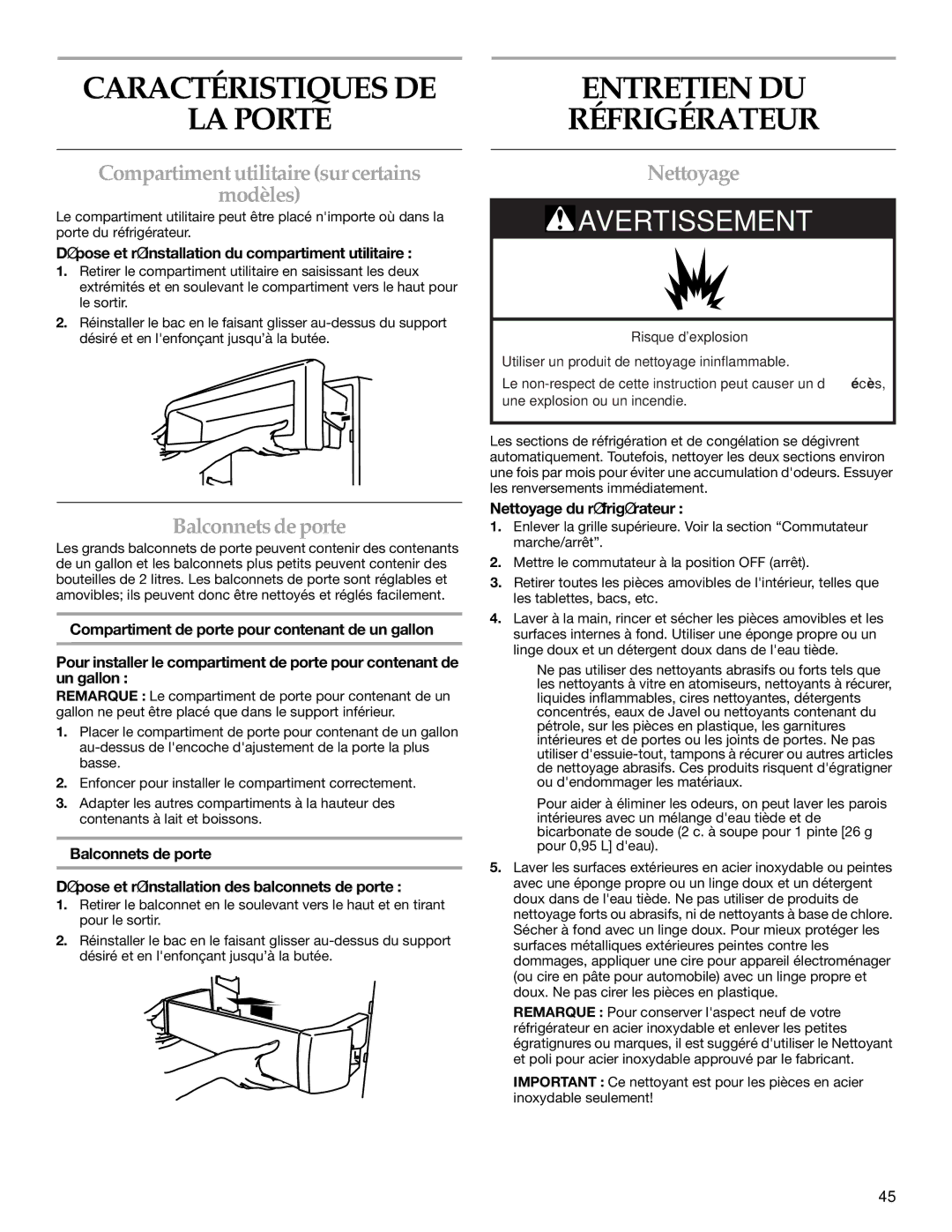 KitchenAid 2320682A Caractéristiques DE LA Porte, Entretien DU Réfrigérateur, Compartiment utilitaire sur certains Modèles 