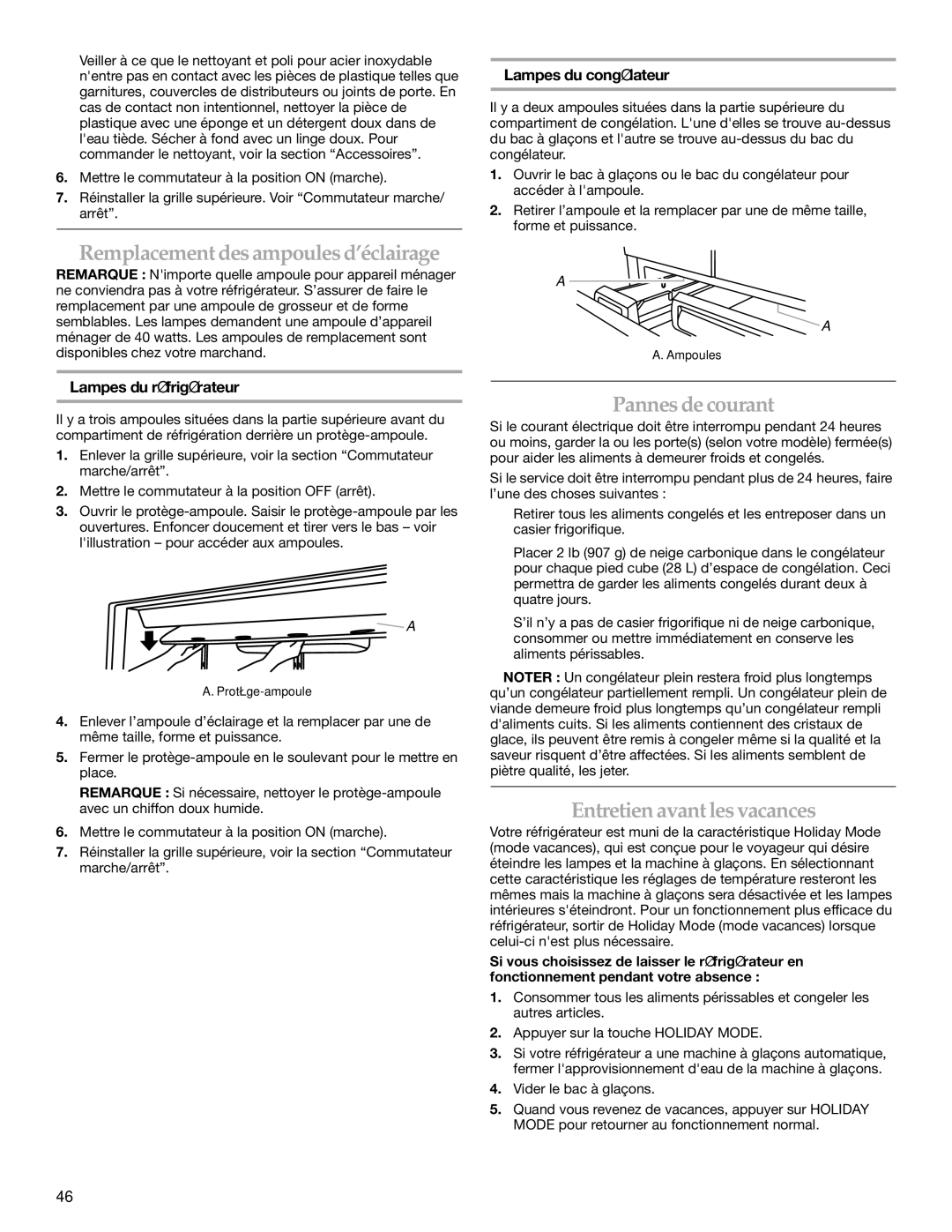 KitchenAid 2320682A manual Remplacementdes ampoulesd’éclairage, Pannes de courant, Entretien avantlesvacances 