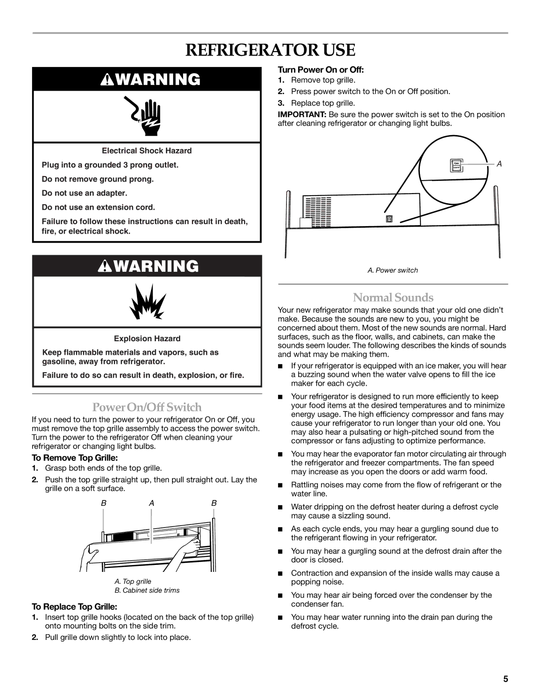 KitchenAid 2320682A manual Refrigerator USE, PowerOn/Off Switch, Normal Sounds 