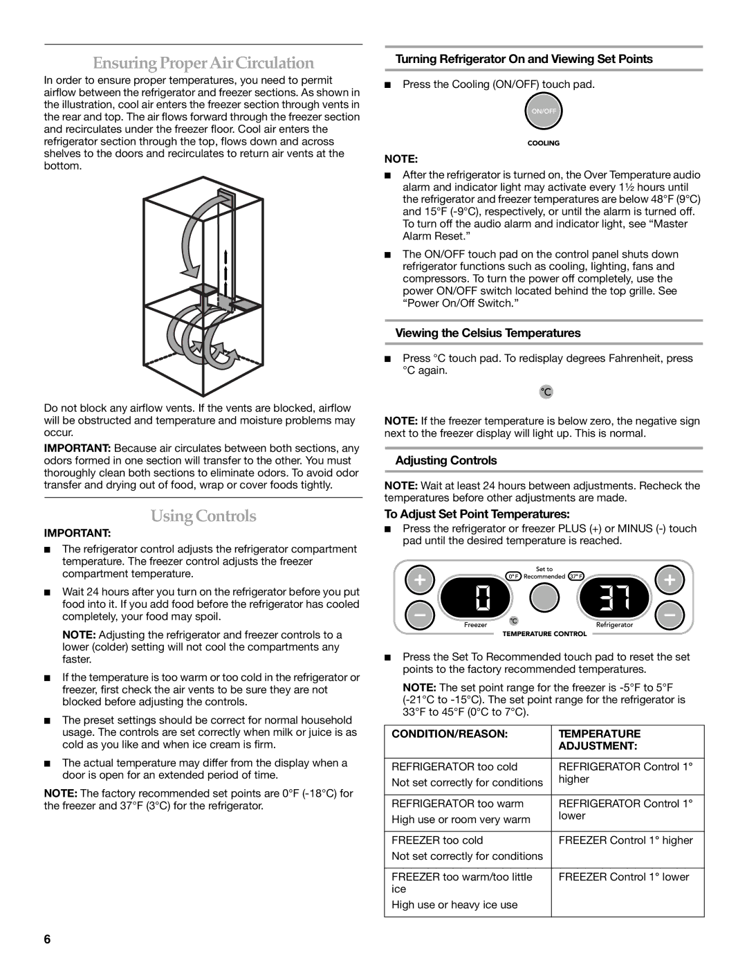 KitchenAid 2320682A manual Ensuring Proper Air Circulation, Using Controls, Turning Refrigerator On and Viewing Set Points 