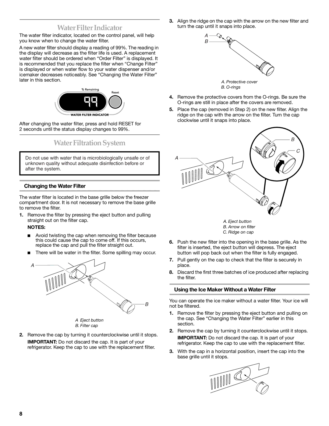 KitchenAid 2320682A manual WaterFilter Indicator, Water Filtration System, Changing the Water Filter 