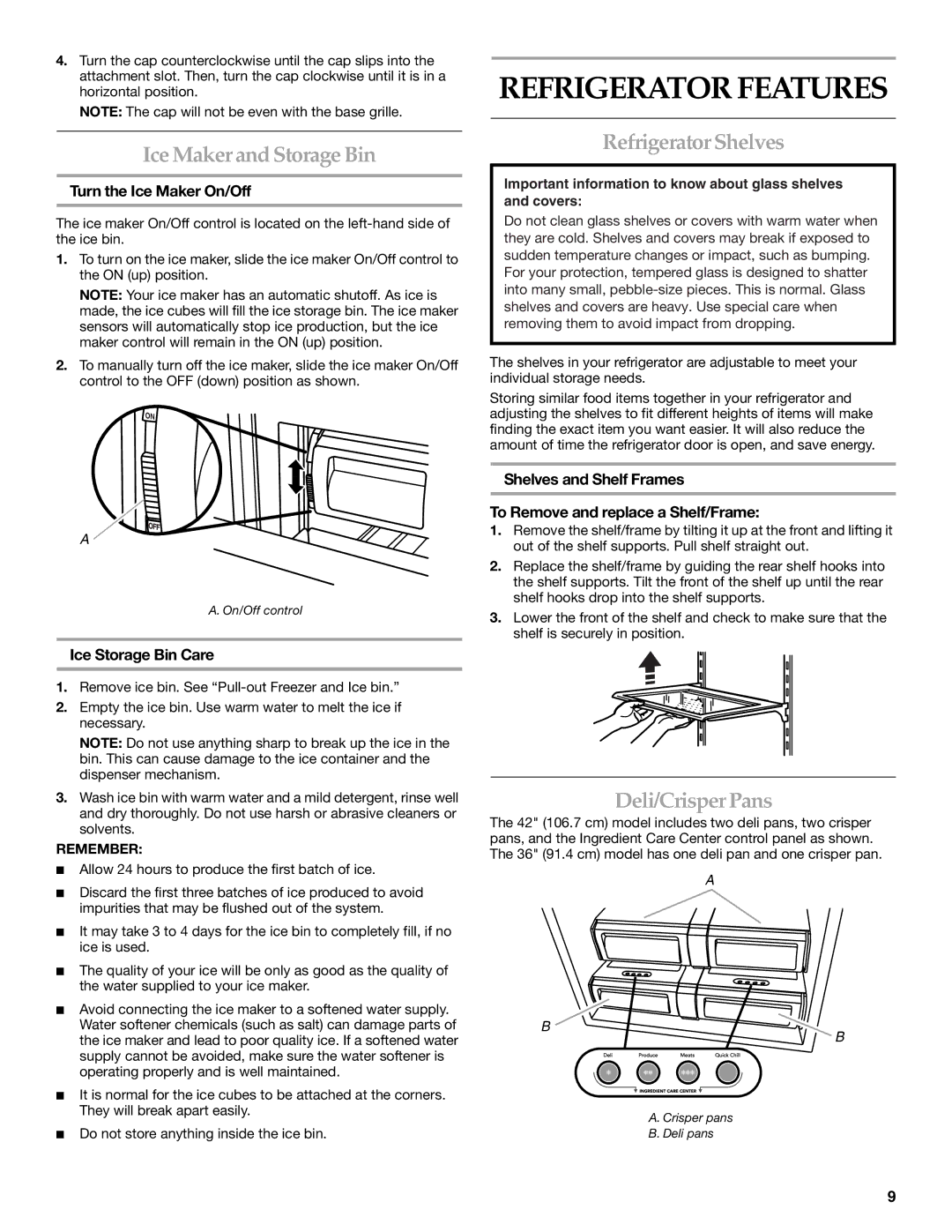 KitchenAid 2320682A manual Refrigerator Features, Ice Maker and Storage Bin, Refrigerator Shelves, Deli/CrisperPans 