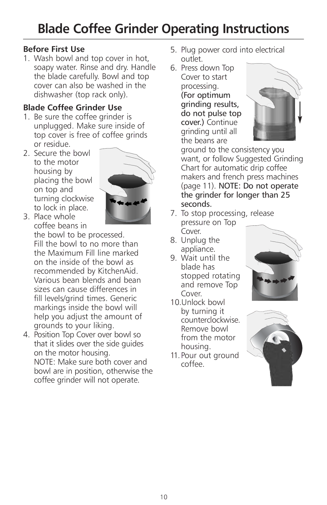 KitchenAid 2633 manual Blade Coffee Grinder Operating Instructions, Before First Use, Blade Coffee Grinder Use 