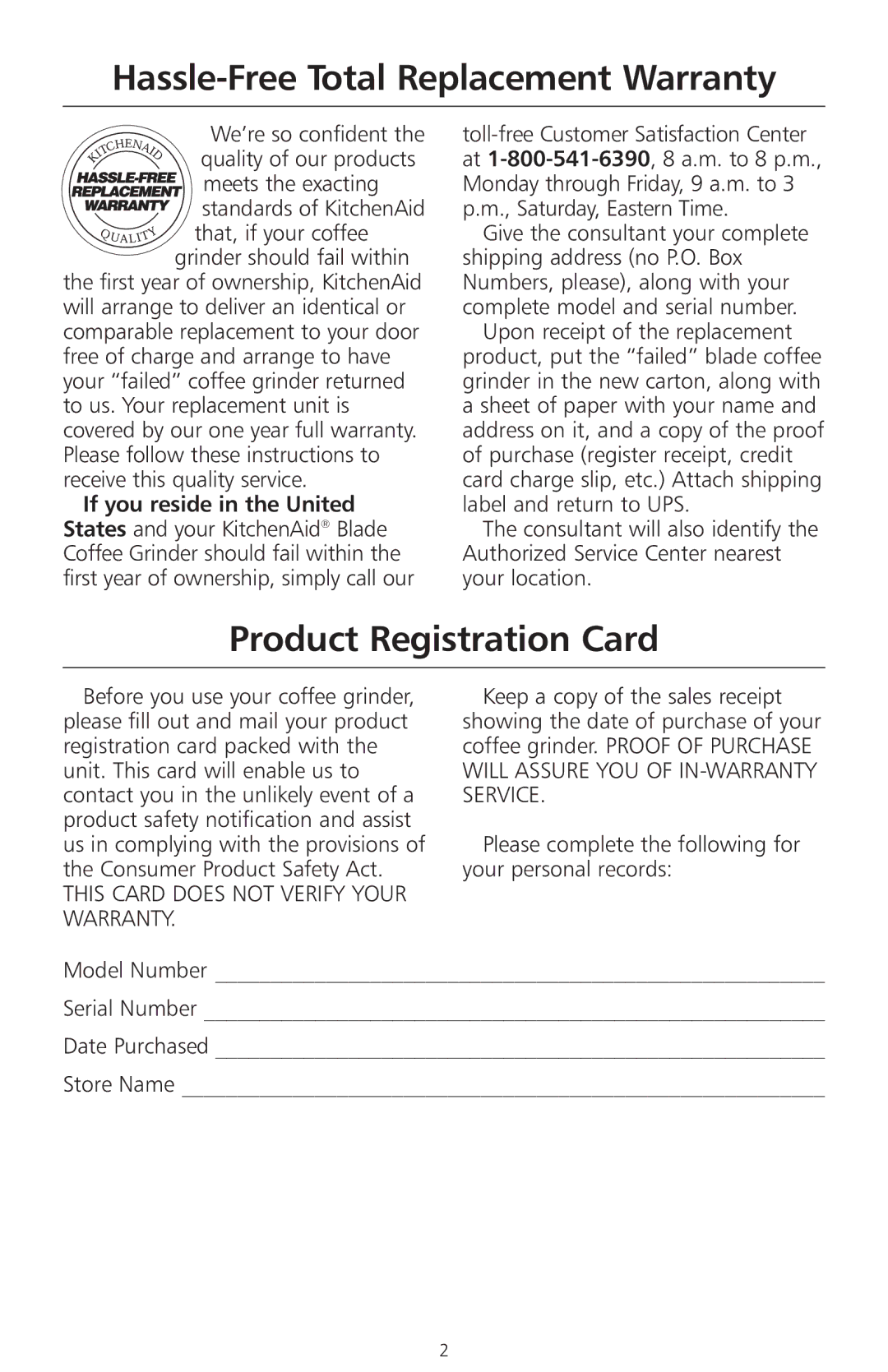 KitchenAid 2633 manual Hassle-Free Total Replacement Warranty, Product Registration Card 