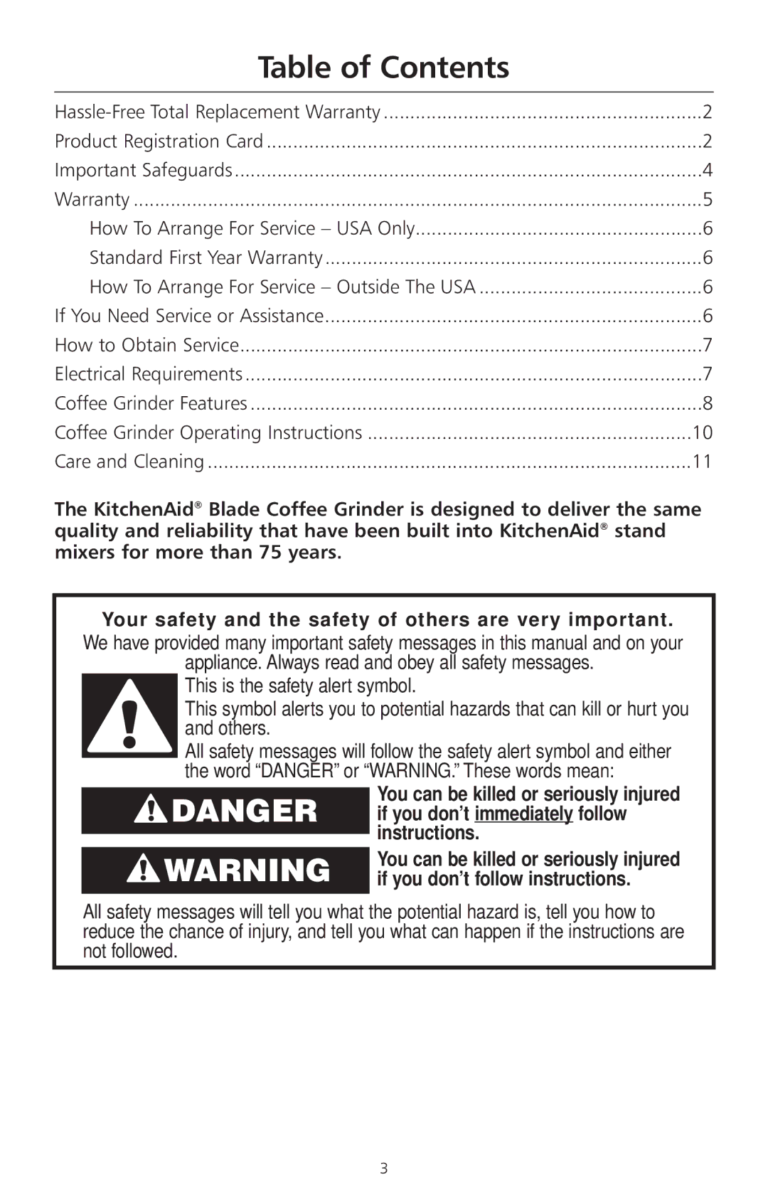 KitchenAid 2633 manual Table of Contents 