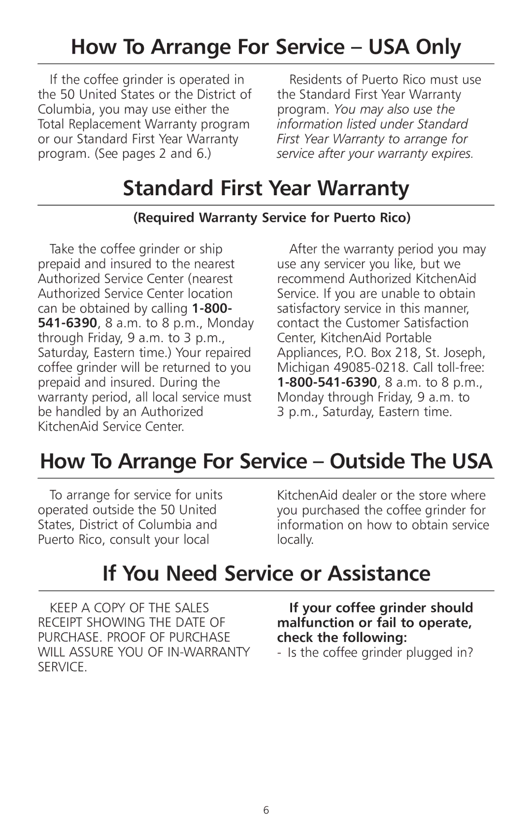 KitchenAid 2633 manual How To Arrange For Service USA Only, Standard First Year Warranty, If You Need Service or Assistance 