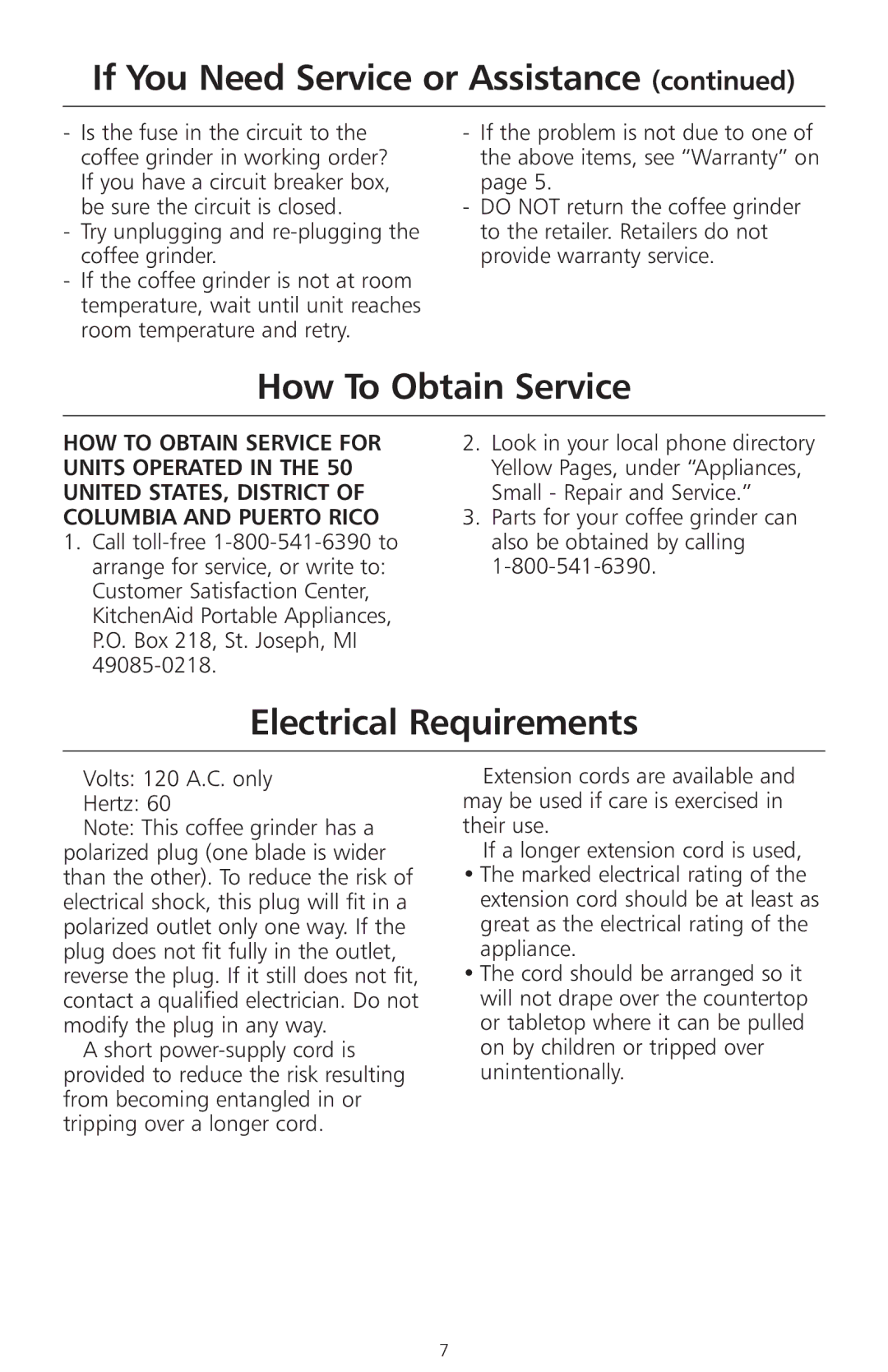 KitchenAid 2633 manual How To Obtain Service, Electrical Requirements 