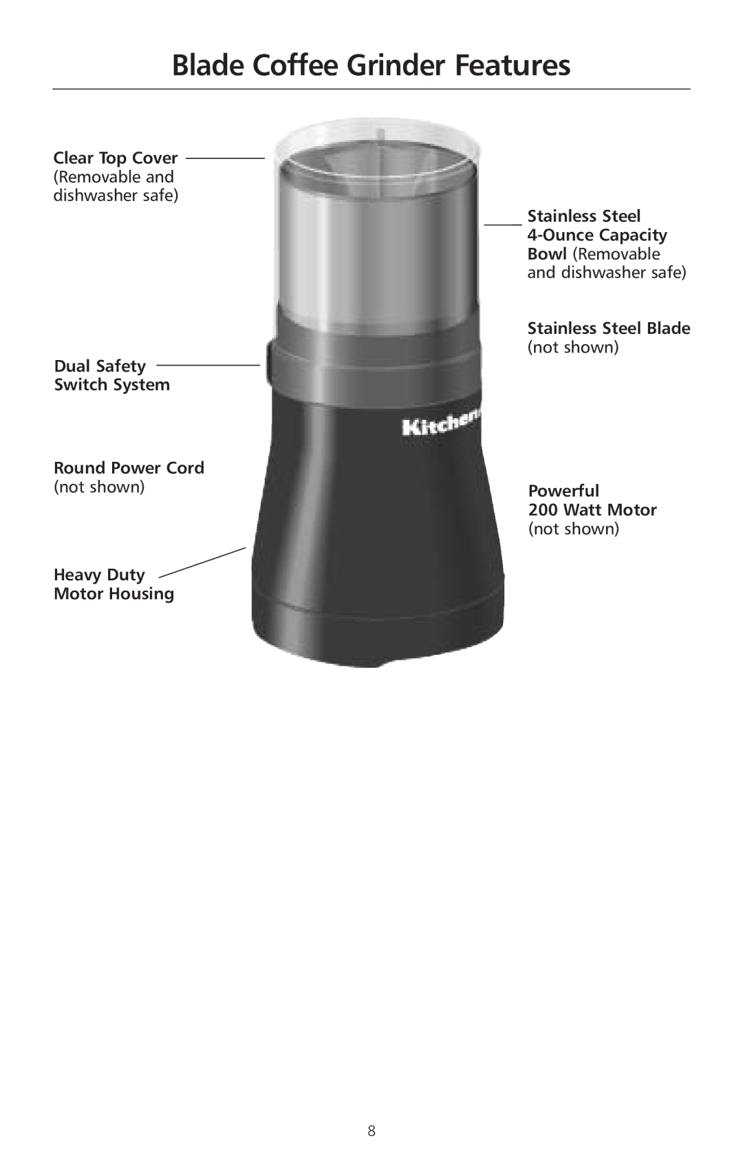 KitchenAid 2633 manual Blade Coffee Grinder Features 