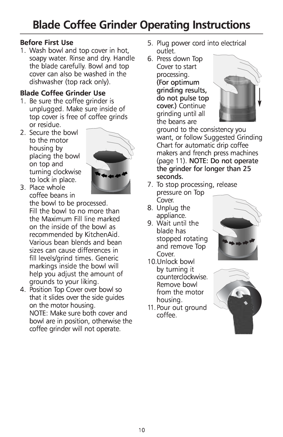 KitchenAid 2633 manual Blade Coffee Grinder Operating Instructions, Before First Use, Blade Coffee Grinder Use 