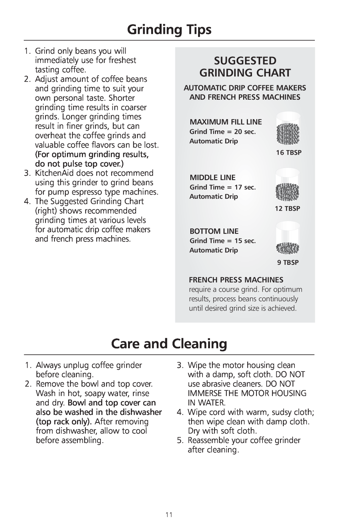 KitchenAid 2633 manual Grinding Tips, Care and Cleaning, Suggested Grinding Chart 