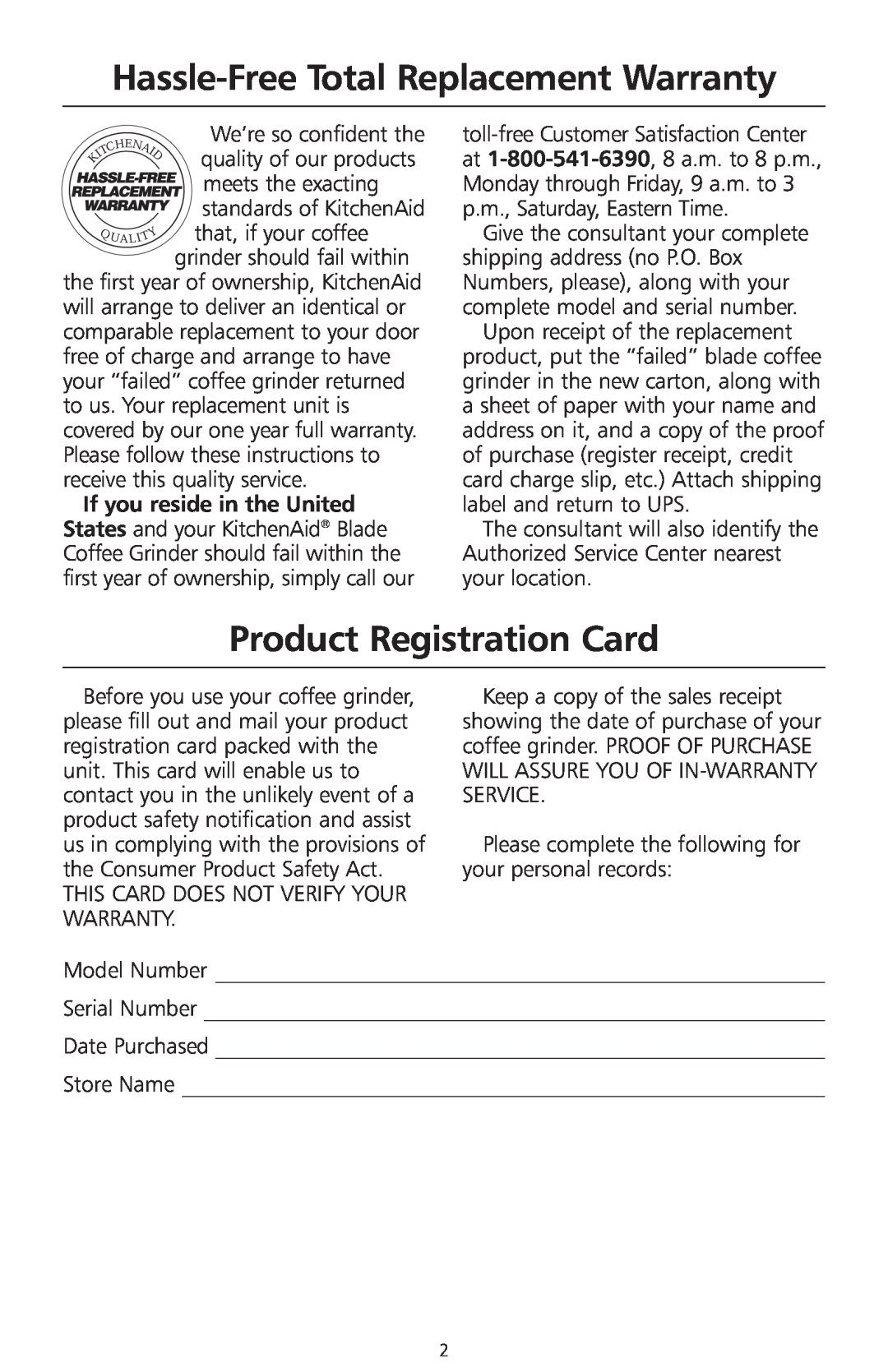 KitchenAid 2633 manual Hassle-Free Total Replacement Warranty, Product Registration Card 