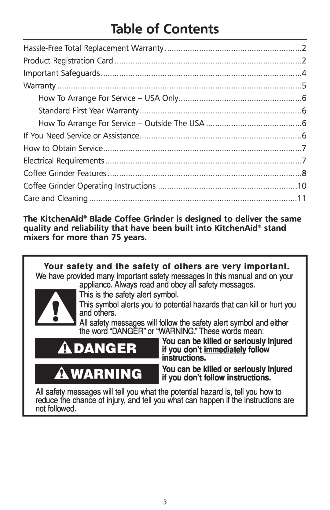 KitchenAid 2633 Table of Contents, Danger, This is the safety alert symbol, and others, if you don’t immediately follow 