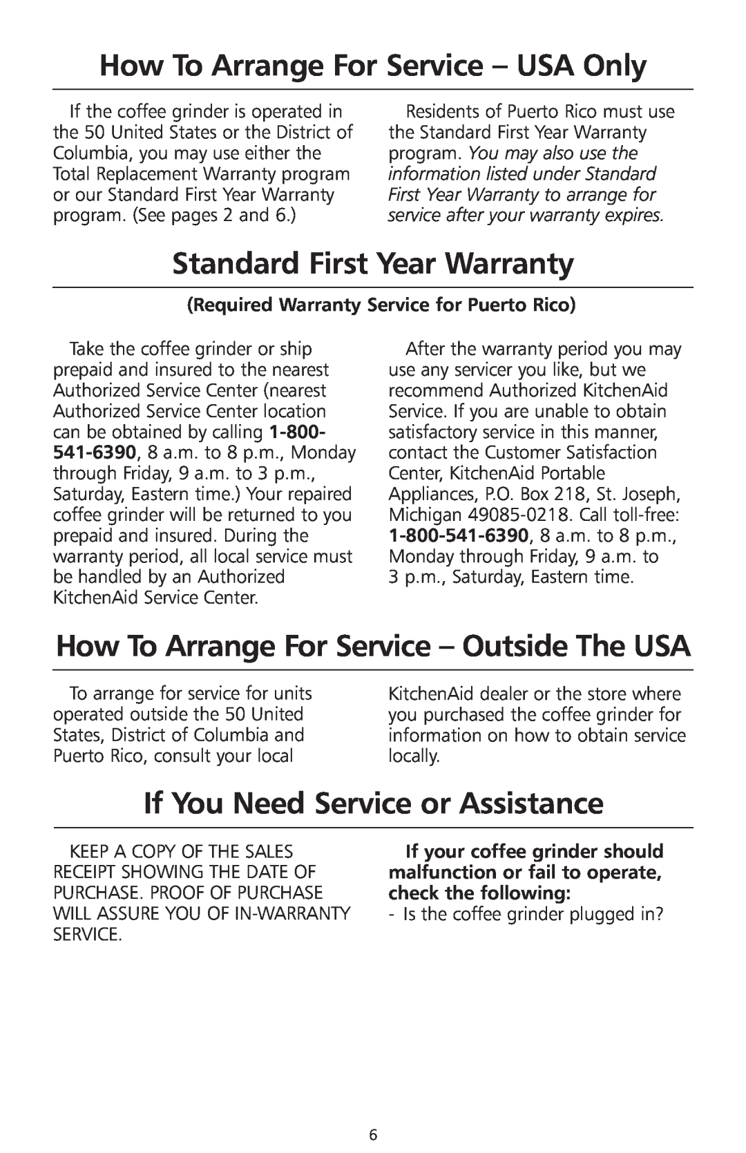 KitchenAid 2633 How To Arrange For Service - USA Only, Standard First Year Warranty, If You Need Service or Assistance 