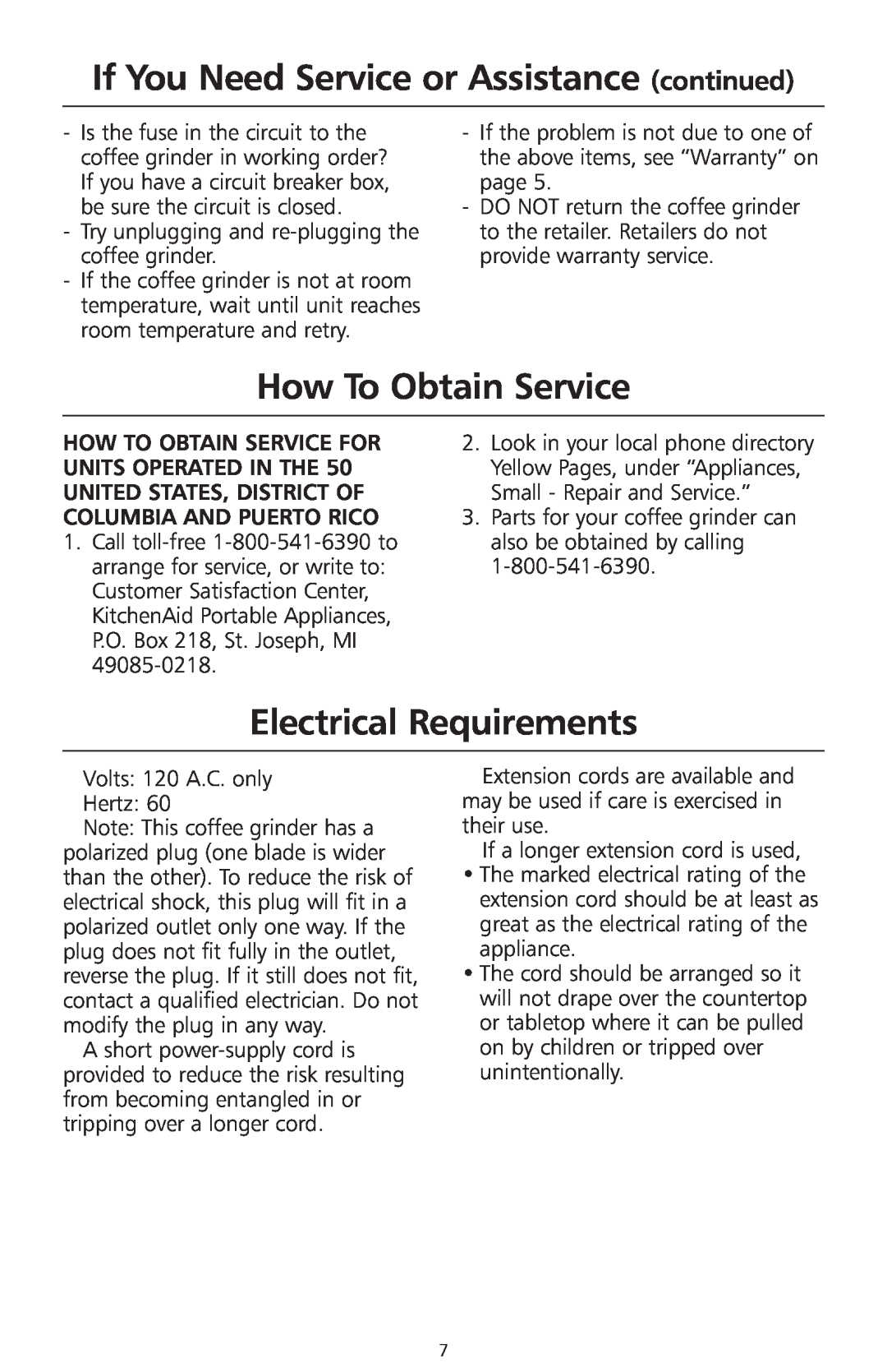 KitchenAid 2633 manual If You Need Service or Assistance continued, How To Obtain Service, Electrical Requirements 