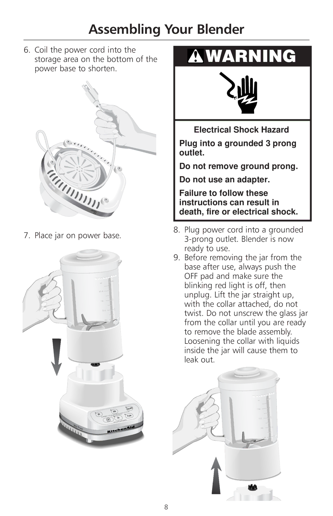 KitchenAid 3 Speed Classic Blender manual Place jar on power base 