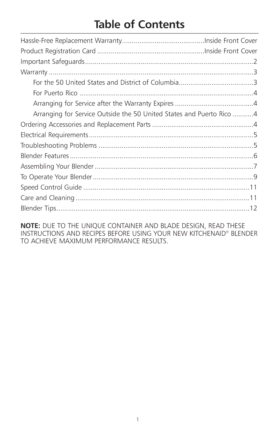 KitchenAid 3 Speed Classic Blender manual Table of Contents 